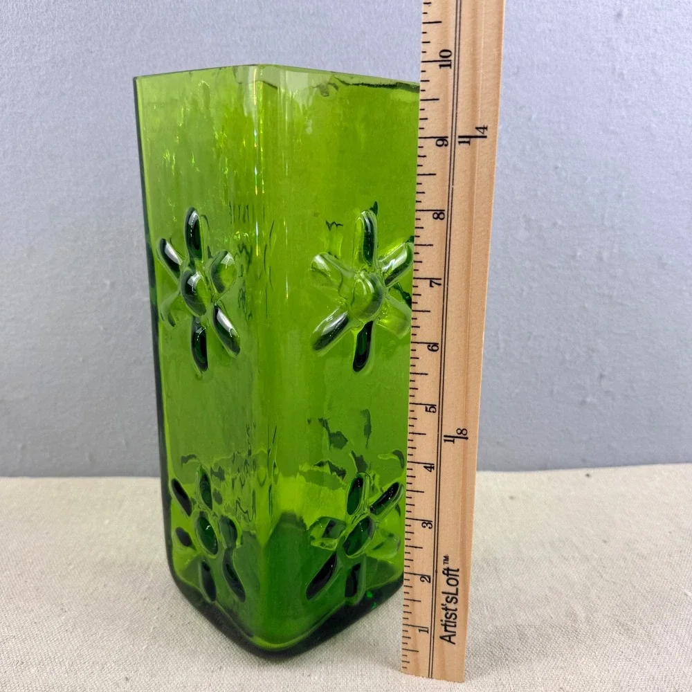 Blenko 6115M‎ Olive Green Asterisk Daisy Block Vase Wayne Husted 10.5